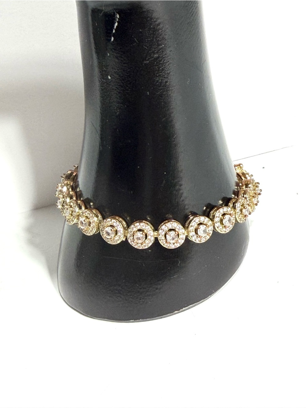 Crystal Halo Station Links Gold Tone Tennis Bracelet Secure Clasp Quiet Luxury